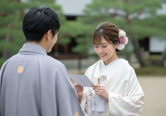 結婚式プロフィールムービー用にプレ花嫁が和装姿で前撮りしている様子。新婦は手紙のコメントを新郎に読んでいる。