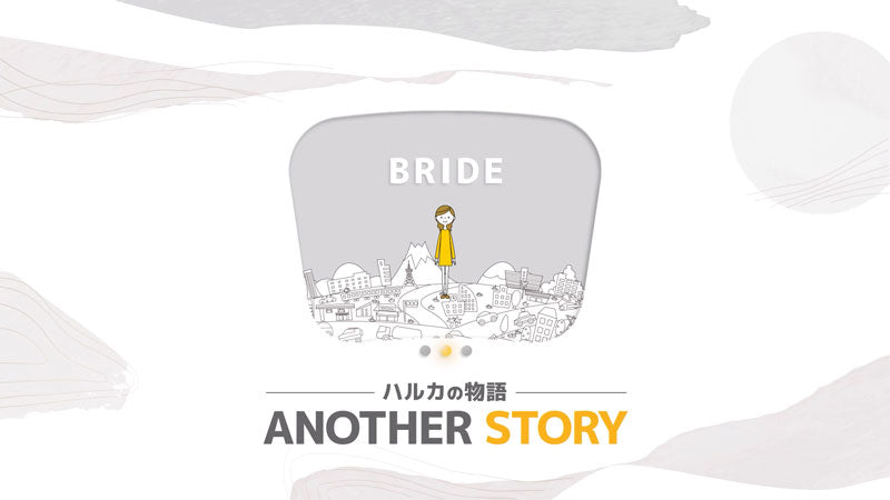 結婚式ムービー用の「プロフィールムービー」のプロモーション画像。「Another Story」の新婦セクションのタイトルスライド。街並みを背景に女性のイラストが描かれています。
