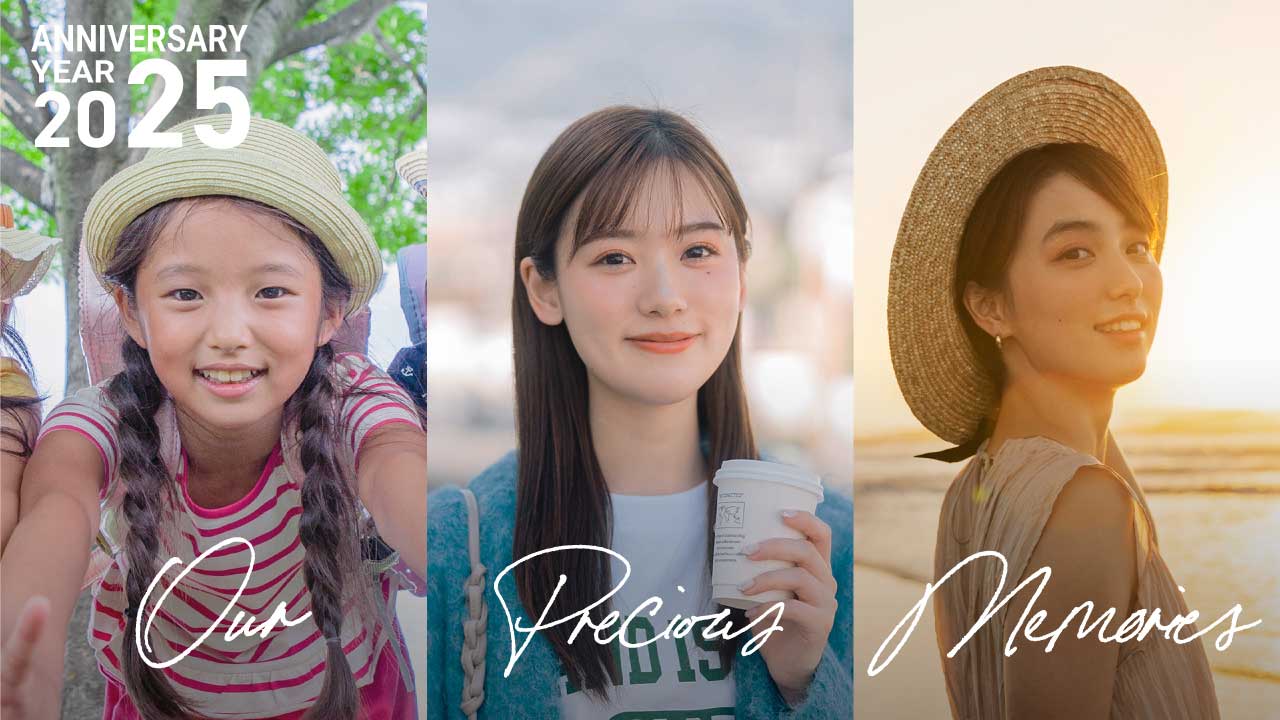 結婚式ムービー用の「プロフィールムービー」のプロモーション画像。写真コラージュに『私たちの大切な思い出』という文字を添えたもの。3枚の写真は、麦わら帽子をかぶって笑顔の少女、コーヒーカップを持った若い女性、そして夕暮れのビーチで麦わら帽子をかぶった別の若い女性を描いています。