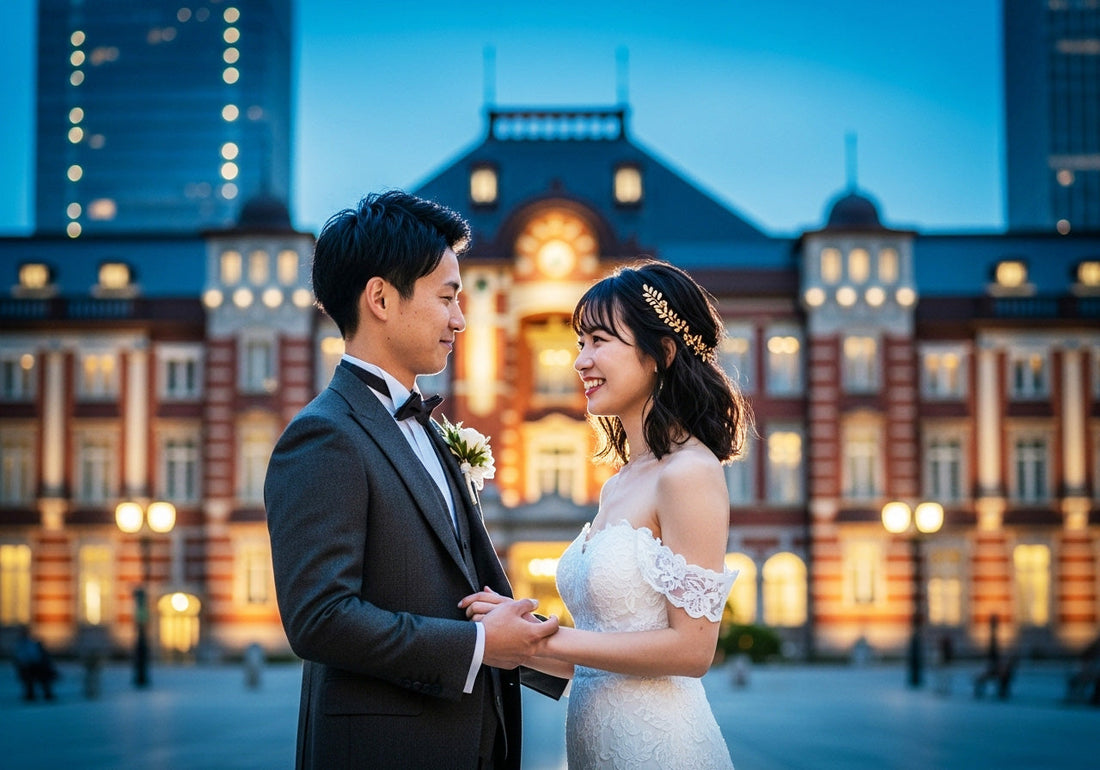 結婚式の撮って出しエンドロールの撮影を東京駅で行っている新郎新婦。