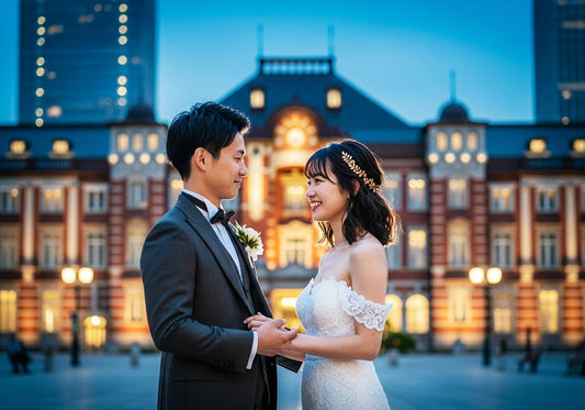 結婚式の撮って出しエンドロールの撮影を東京駅で行っている新郎新婦。