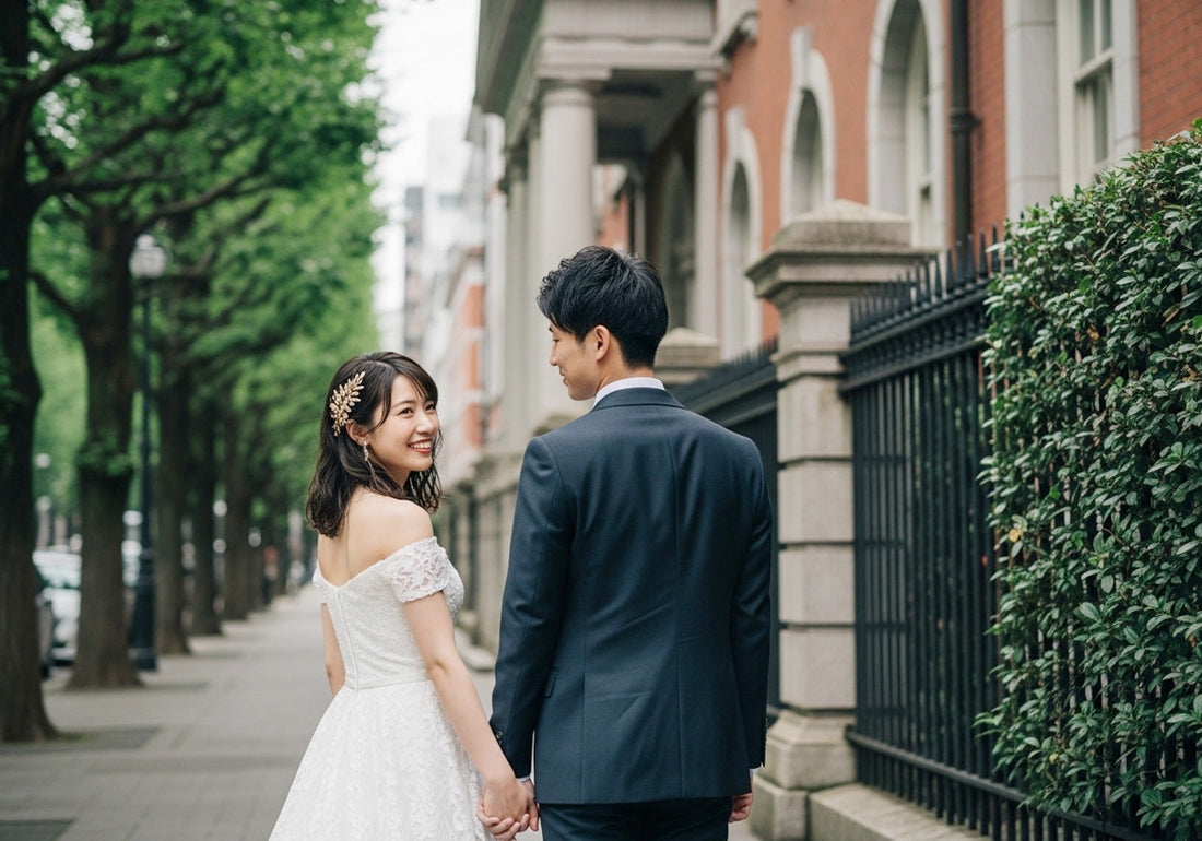 自作ムービーに使用する前撮り写真をロケーション撮影している新郎新婦。