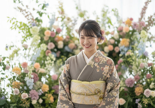 結婚式オープニングムービー用にプレ花嫁が和装姿で前撮りしている様子。たくさんの花に囲まれた花嫁が笑っている風景。