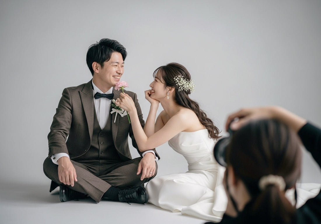 結婚式オープニングムービー用にプレ花嫁がスタジオで前撮りしている様子。新婦はバラを手に持ちおどけているコミカルな写真。