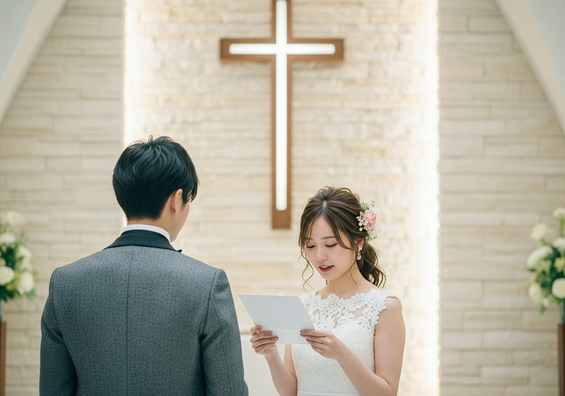 結婚式プロフィールムービー用にプレ花嫁が和装姿で前撮りしている様子。新婦は手紙のコメントを新郎に読んでいる。