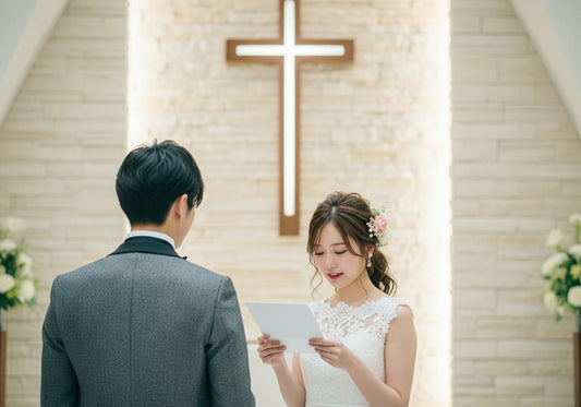 結婚式プロフィールムービー用にプレ花嫁が和装姿で前撮りしている様子。新婦は手紙のコメントを新郎に読んでいる。