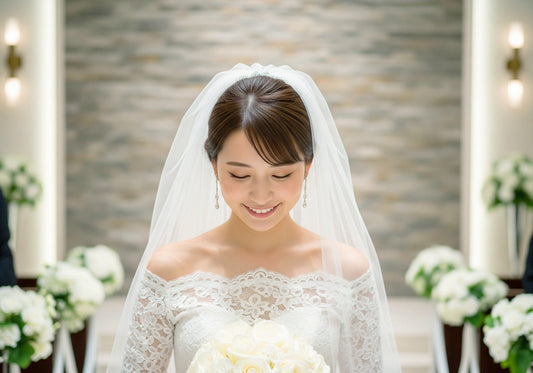結婚式エンドロール用に結婚式場で前撮り撮影を行っているプレ花嫁。結婚式準備中だが幸福そうに微笑んでいて、幸福感に満ちた雰囲気が漂っています。