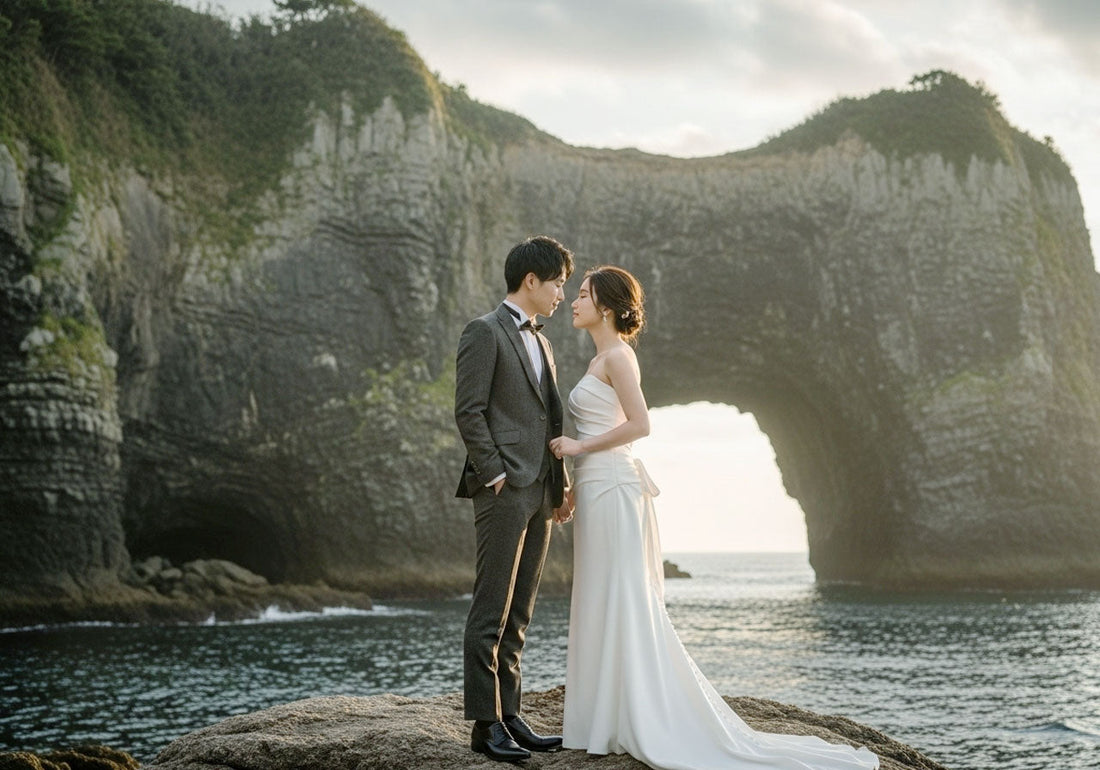 結婚式準備として結婚式エンドロール用にロケーションで前撮り撮影を行っているプレ花嫁と新郎。新郎新婦がロマンチックに抱き合う写真。