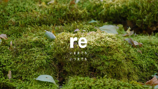 結婚式ムービー用の「エンドロール」のプロモーション画像。緑豊かな苔に「re」という文字と「いままでも いつまでも」という日本語のフレーズが添えられています